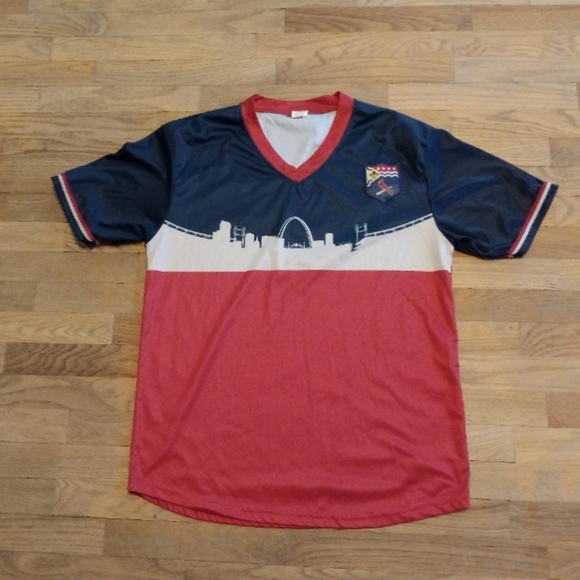 St Louis Cardinals Soccer Jersey Mens XL Blue Red Short Sleeve MLB Baseball - Picture 1 of 5